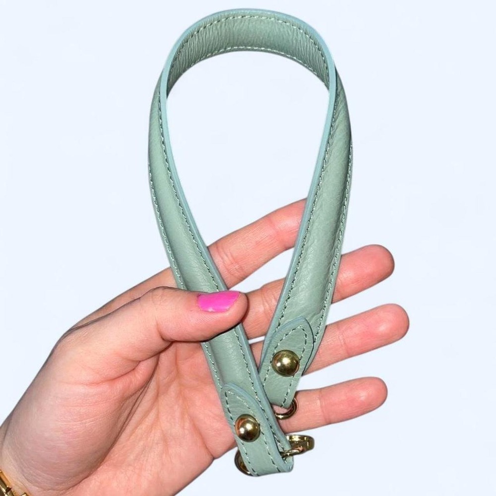 Sage green short leather strap with gold hardware